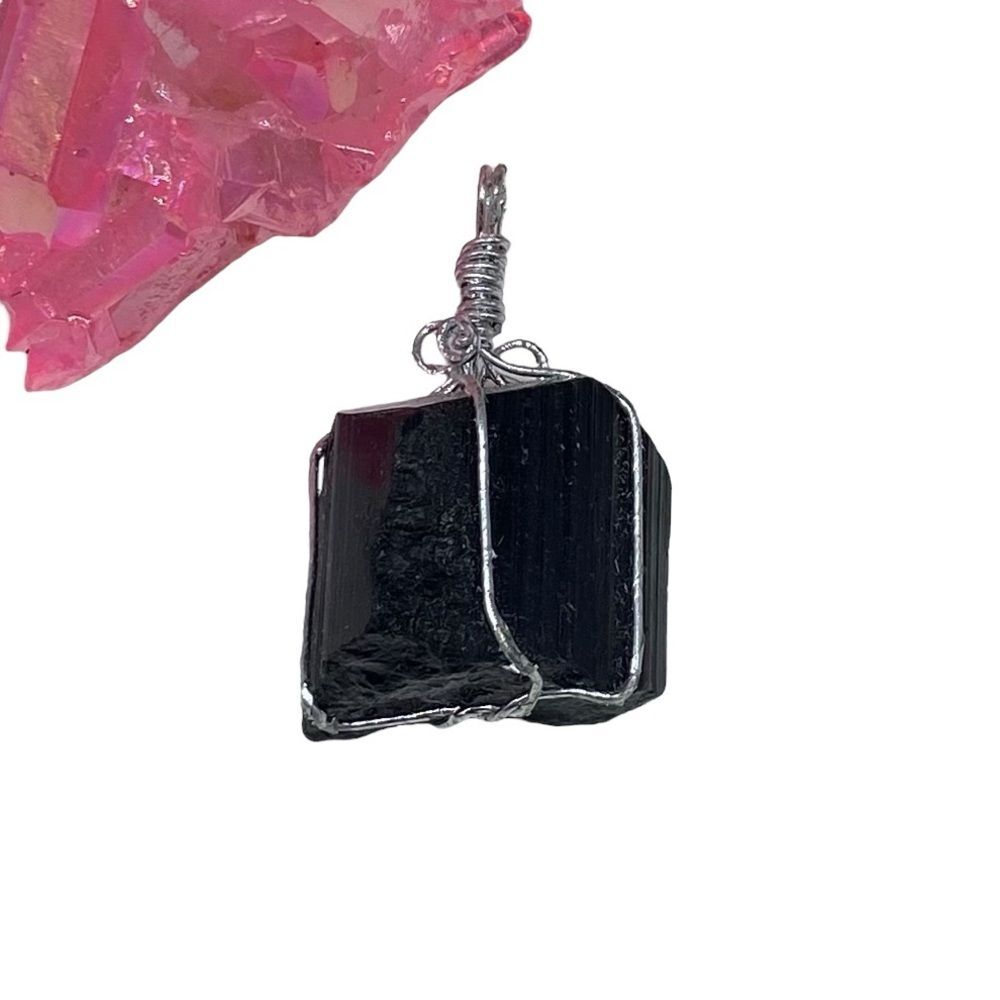 Raw Rough Black Tourmaline Necklace Pendant Silver Plated Stone Crystal